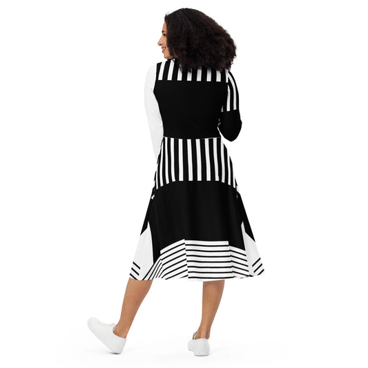 Line Pattern Long Sleeve Midi Dress