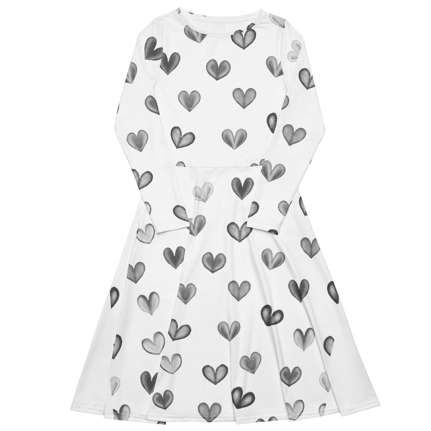 Seamless Heart Pattern Long Sleeve Midi Dress