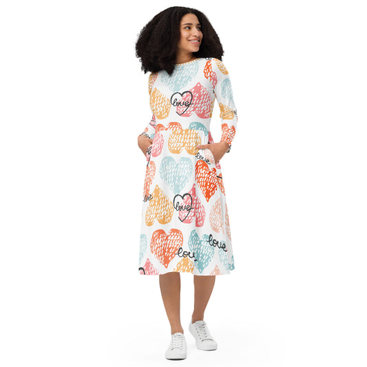 Love Print Long Sleeve Midi Dress