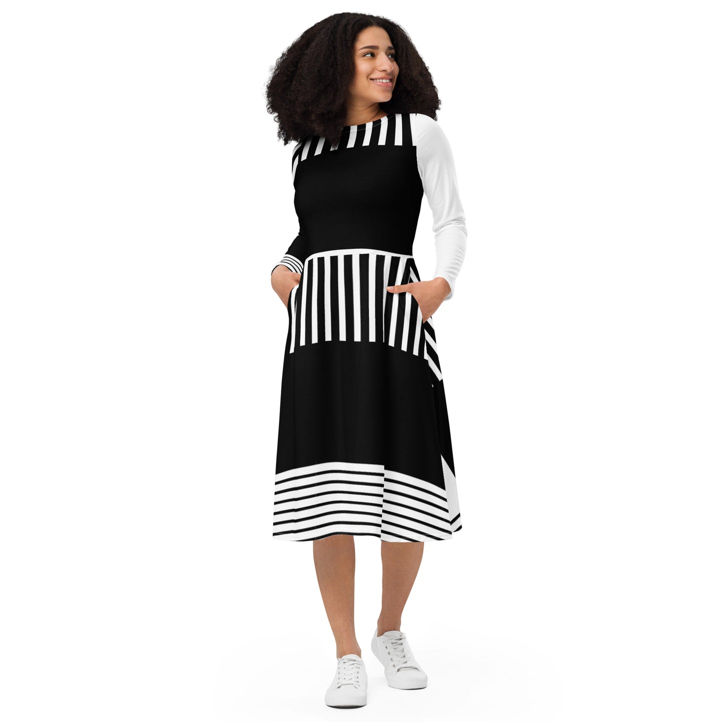 Line Pattern Long Sleeve Midi Dress