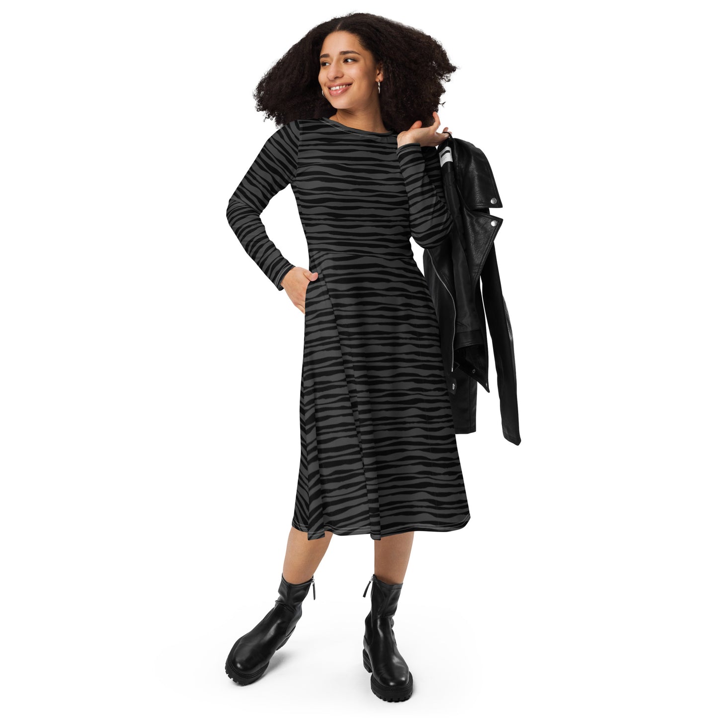Black Pattern Long Sleeve Midi Dress