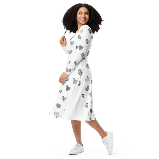 Seamless Heart Pattern Long Sleeve Midi Dress