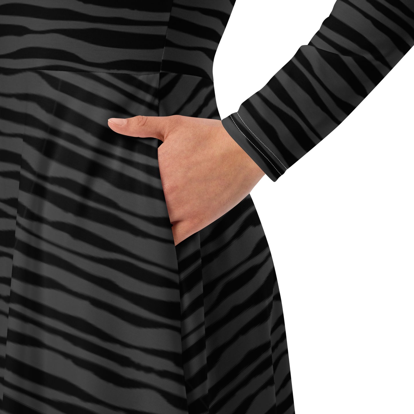 Black Pattern Long Sleeve Midi Dress