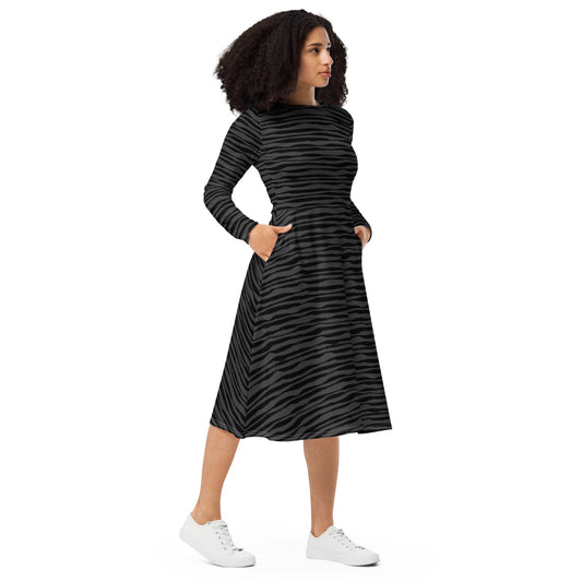 Black Pattern Long Sleeve Midi Dress